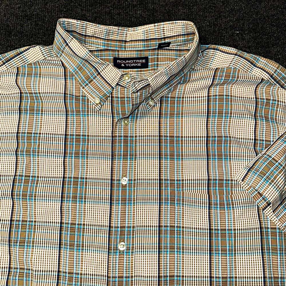 Roundtree & Yorke Mens 3X Plaid Shirt Cotton Brown Blue Check Short Sleeve Big